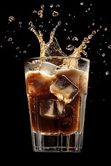 Glass freshly brewed iced coffee served with a splash milk and ice cubes
