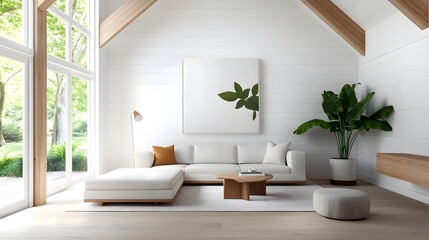 Cozy and Inviting Farmhouse Style Living Room with Rustic Wooden Beams White Shiplap Walls Neutral Linen Upholstered Furniture and Abundant Natural Lighting Streaming Through Large Windows