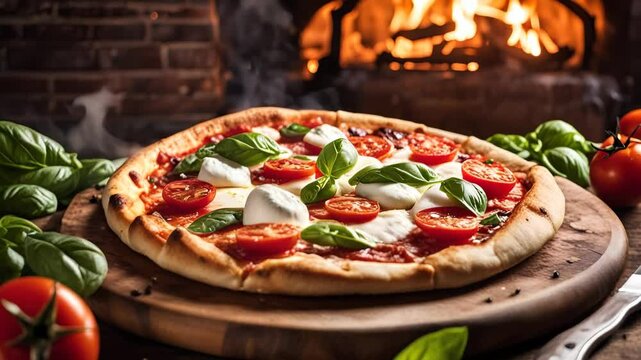 Fresh baked hot Italian pizza with tomato, cheese, basil and steam closeup on restaurant kitchen
