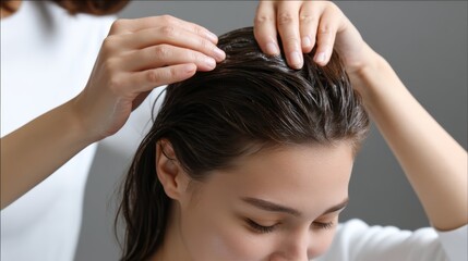 Naklejka premium Hair care routine scalp massage techniques home setting instructional video calm environment close-up view self-care concept