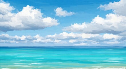 Tranquil Ocean Scene with Azure Water and Fluffy Clouds Painting