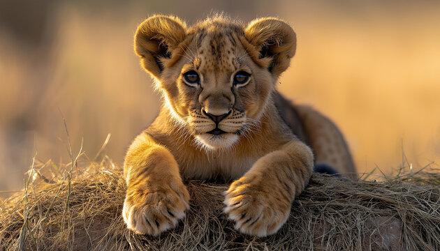 Golden hour portrait of a lion cub resting on dry grass in african savanna