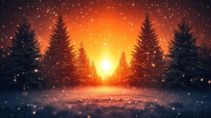 Fototapeta premium Snowy forest sunset winter wonderland card