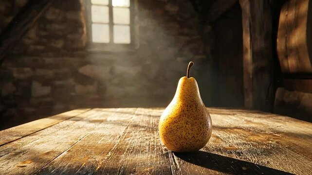 Sunlit pear on rustic wooden table in old room