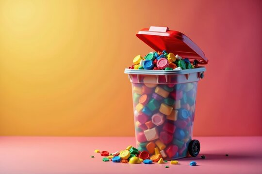 Poubelle en plastique remplie de d?chets color?s, d?chets picto, recyclage