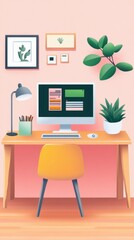 Effective delegation for maximizing team productivity. Pastel Minimalist Home Workspace with Computer and Plants