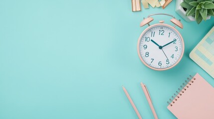 Effective delegation for maximizing team productivity. Pastel Pink Alarm Clock and Office Supplies on Aqua Background