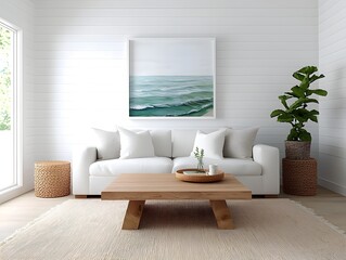 Cozy and inviting farmhouse style living room with white shiplap walls distressed wood beams plush linen upholstered sofas natural fiber area rugs and an abundance of natural light