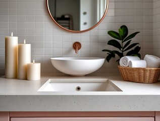 Fototapeta premium Modern bathroom interior with minimalist decor, candles, soft towels, a round mirror, and a countertop sink, creating a peaceful spa-like atmosphere for relaxation and self-care.
