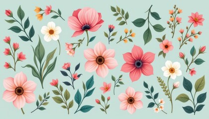 Pretty pastel pink and white floral elements design collection for wedding invitation or greeting card