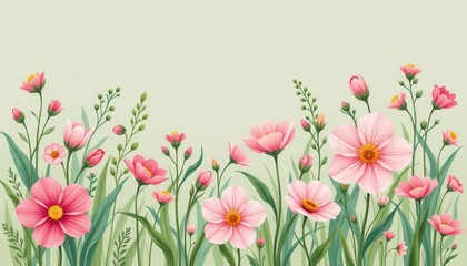 Fototapeta premium Delicate Pink Flowers Blooming in a Lush Green Meadow Springtime Floral Background Illustration
