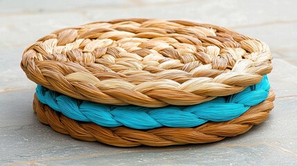 Obraz premium Woven Tan and Teal Coaster on Stone Surface
