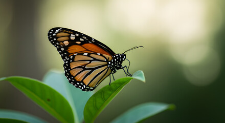 Beautiful Monarch butterfly resting peacefully on a vibrant green leaf, its orange and black patterned wings closed, soft focus background.