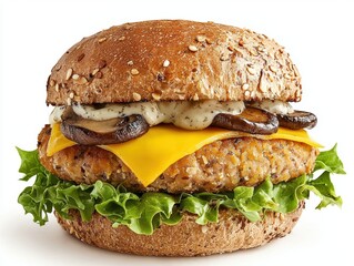 Delicious vegan burger with mushrooms and cheese on whole wheat bun on a clean white backdrop studio shot