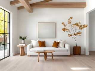 Fototapeta premium Cozy and Inviting Modern Farmhouse Living Area with Vaulted Ceilings and Exposed Wooden Beams Plush Linen Sofa Antique Wooden Side Tables