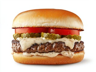 Delicious burger with pickle tomato and sauce on white background food photography close up shot
