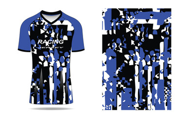 Abstract patterned sports jersey design in blue and black, showcasing unique graphics for athletic wear