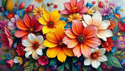 Fototapeta premium Vibrant oil painting of abstract colorful flowers on a beautiful floral background, vintage, painting