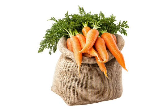 A burlap sack filled with fresh orange carrots and green tops isolated on transparent background