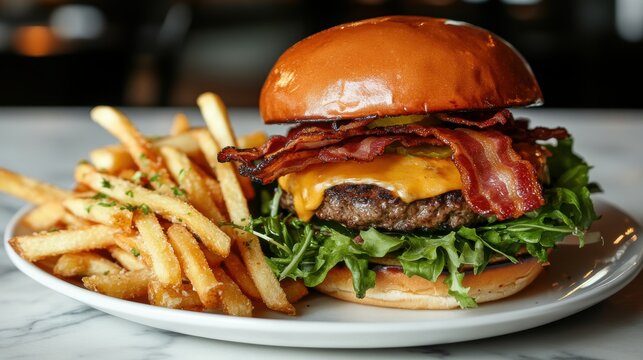 Appetizing gourmet burger with crispy bacon and melted cheddar served with golden fries on a plate