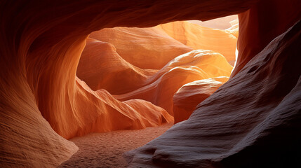 Obraz premium A view through the curved sandstone formations of a slot canyon with warm light hitting the walls