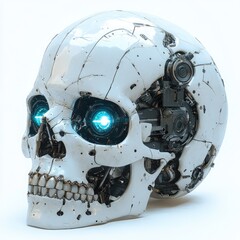 Fototapeta premium Cybernetic skull, futuristic design, with glowing blue eyes. Detailed mechanical components are integrated into the skull structure