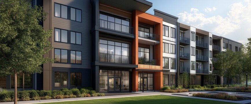 Modern Apartment Complex with Lush Landscaping