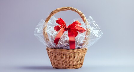A gift basket wrapped in cellophane with a red ribbon, on a solid background, high-resolution photography, professional color grading, low contrast, clean, sharp focus, stock photo