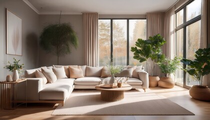 Obraz premium Elegant and airy space with a spacious sofa and organic decor