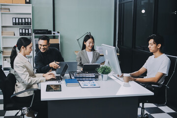 Cheerful meeting room, businesspeople celebrate with handshaking. Successful project was completed before the deadline. Business partnership and collaboration in project management. Habiliment