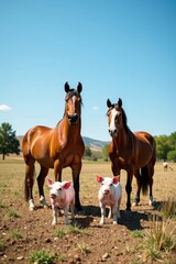 Fototapeta premium Group of horses and pigs standing together in a farm yard under clear blue sky , animals, horses