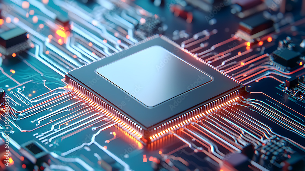 Poster innovative technology microchip circuitry digital realm close-up image high-tech environment macro v