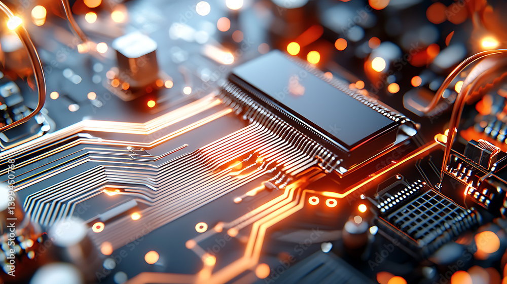 Poster innovative circuit board design technology lab close-up image high-tech environment macro viewpoint 