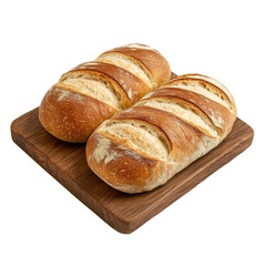 Naklejka premium Freshly baked transparent bread loaves displayed on a wooden cutting board in a bright kitchen setting, png three loafs of transparent bread on a board