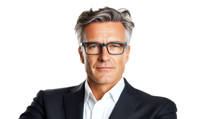 Confident businessman with glasses, standing against a white background.