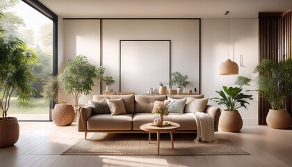 Elegant and airy space with a spacious sofa and organic decor