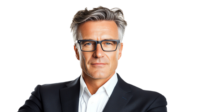 Confident businessman with glasses, standing against a white background.