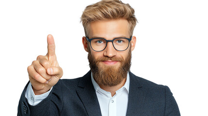 Confident businessman with glasses holding up one finger, symbolizing success or a singular idea, on a clear background.