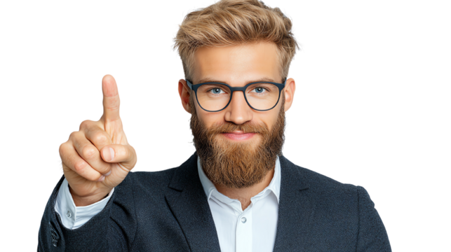Confident businessman with glasses holding up one finger, symbolizing success or a singular idea, on a clear background.