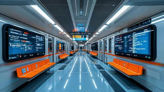 A modern subway train interior featuring bright orange seats and digital screens.