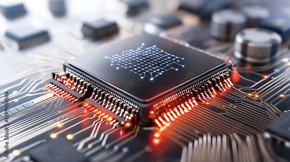 Poster exploring microchip circuitry innovations at a high-tech lab a close-up perspective on engineering a
