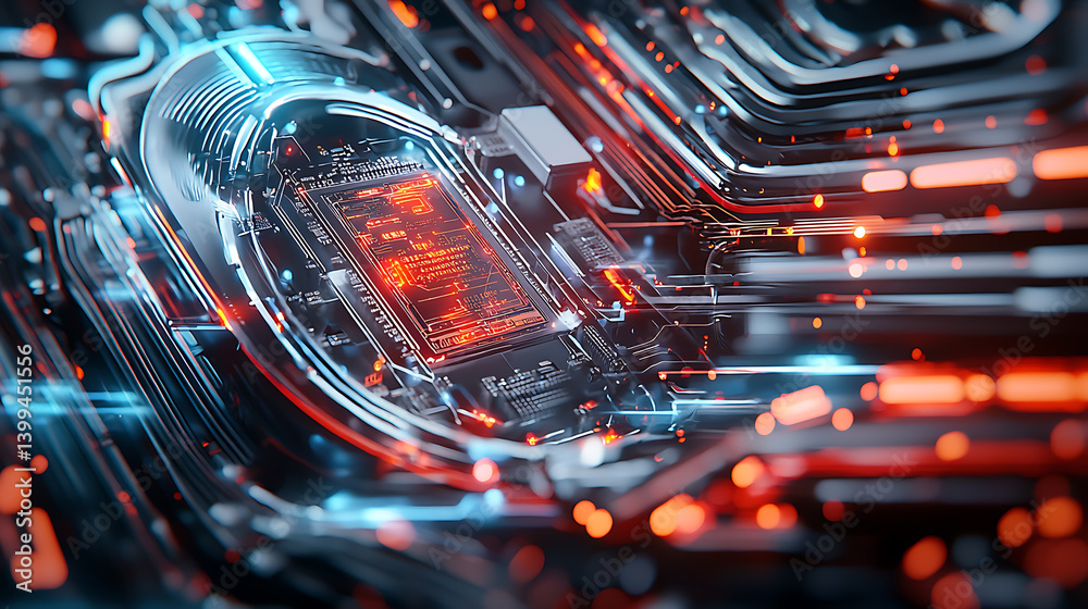 Poster dynamic technology circuitry display futuristic environment digital art illuminated structure close-