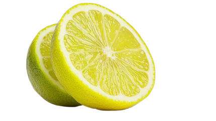 Freshly sliced lemon halves with vibrant yellow color on white isolated background.