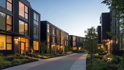 Obraz premium Modern townhomes in a landscaped courtyard