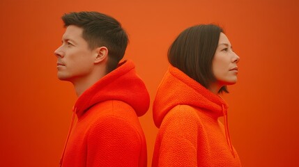 Profile View of a Man and Woman in Orange Hoodies Against a Solid Orange Background