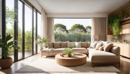 Fototapeta premium Elegant and airy space with a spacious sofa and organic decor