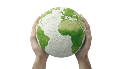 Hands holding a globe depicting the Earth in green and blue, symbolizing unity and environmental awareness.