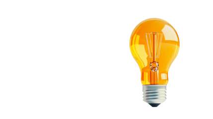 Orange light bulb glowing brightly against a white background, symbolizing creativity and innovation.