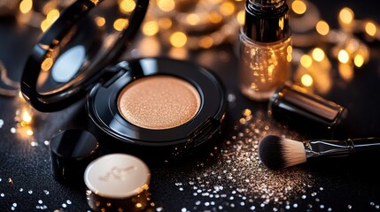 Golden cosmetic compact and accessories