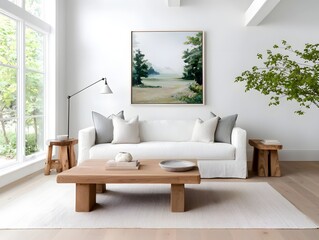 Cozy and inviting rustic farmhouse living room featuring an overstuffed linen sofa reclaimed wood beams and accents vintage industrial lighting